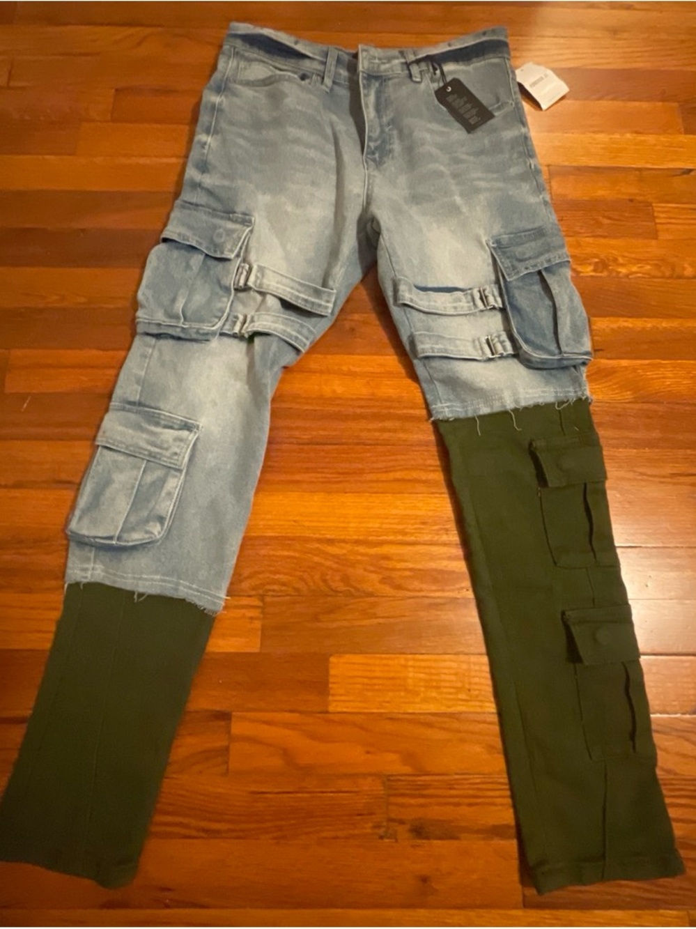 Rare Forever 21 Men’s Two-Tone Skinny Cargo Jeans - Light Blue & Olive